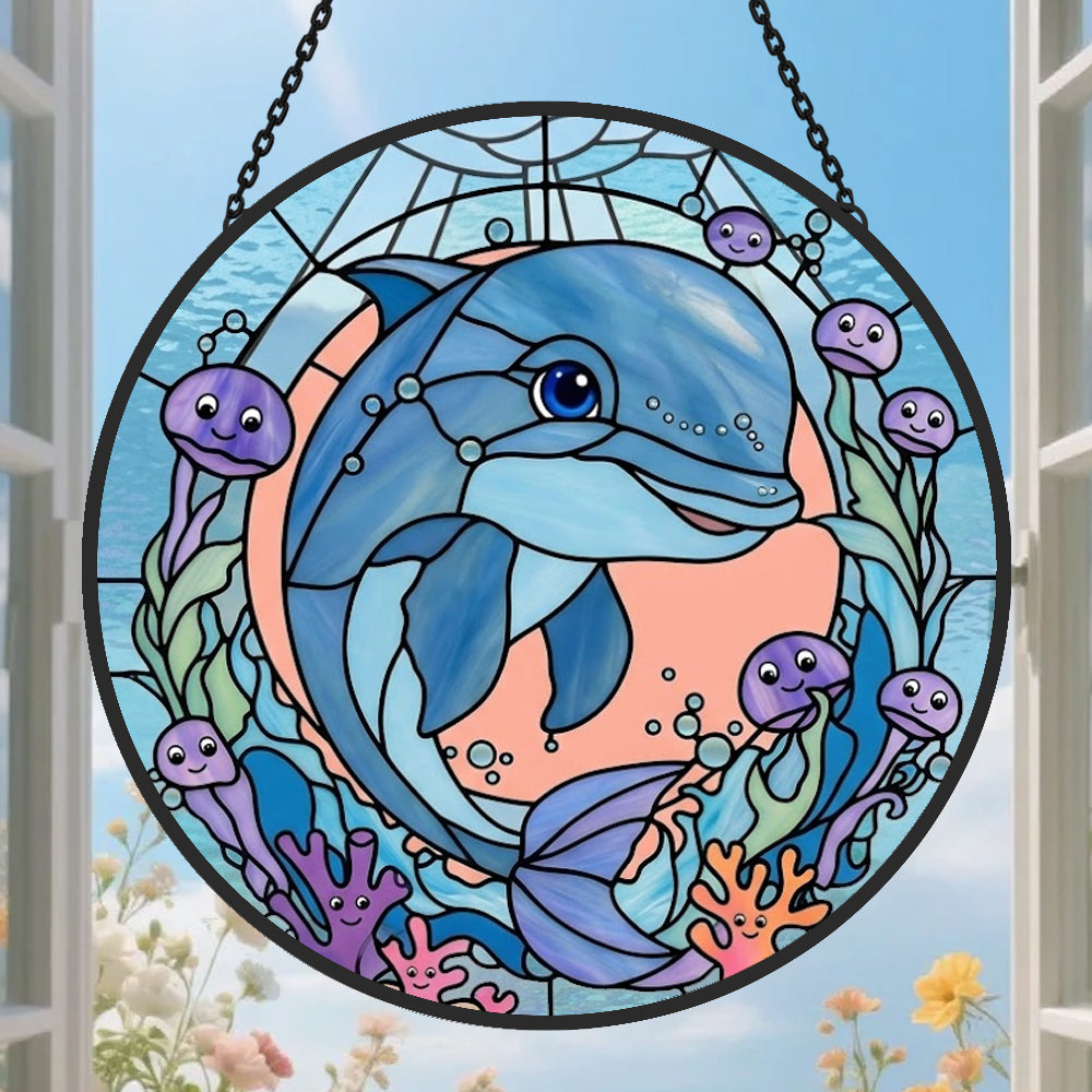 Dolphin and coral reef stained glass suncatcher window hanging, suitable for home and garden decoration