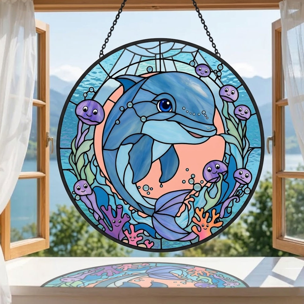 Dolphin and coral reef stained glass suncatcher window hanging, suitable for home and garden decoration