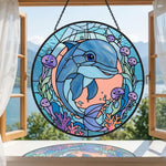 Dolphin and coral reef stained glass suncatcher window hanging, suitable for home and garden decoration