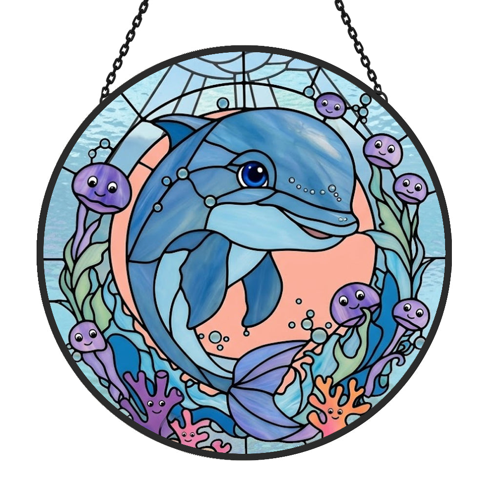 Dolphin and coral reef stained glass suncatcher window hanging, suitable for home and garden decoration