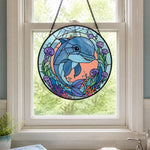 Dolphin and coral reef stained glass suncatcher window hanging, suitable for home and garden decoration