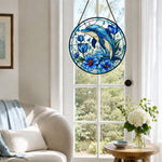 Ocean Wave Blue Tulip Dolphin stained glass suncatcher window hanging, suitable for home and garden decoration