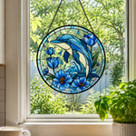 Ocean Wave Blue Tulip Dolphin stained glass suncatcher window hanging, suitable for home and garden decoration