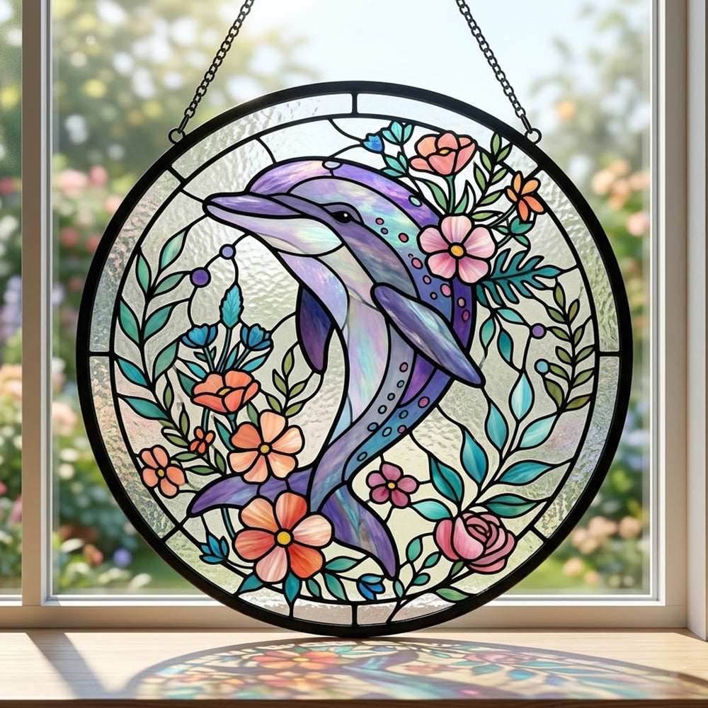 Dolphin with flowers stained glass suncatcher window hanging, suitable for home and garden decoration
