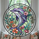 Dolphin with flowers stained glass suncatcher window hanging, suitable for home and garden decoration