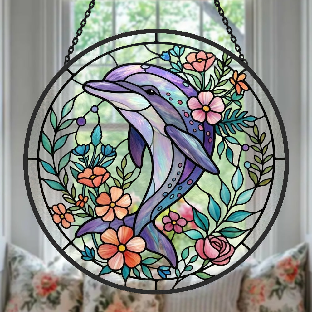 Dolphin with flowers stained glass suncatcher window hanging, suitable for home and garden decoration