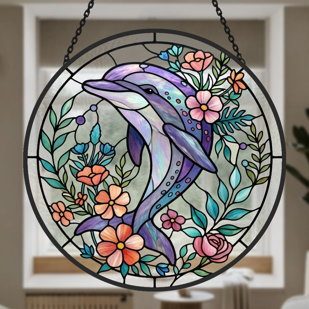 Dolphin with flowers stained glass suncatcher window hanging, suitable for home and garden decoration