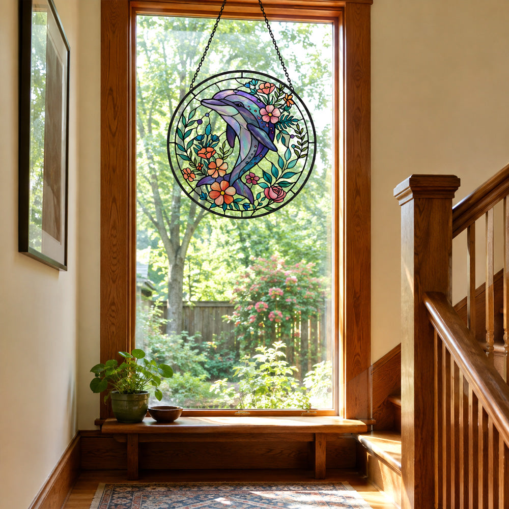 Dolphin with flowers stained glass suncatcher window hanging, suitable for home and garden decoration