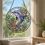 Dolphin with flowers stained glass suncatcher window hanging, suitable for home and garden decoration