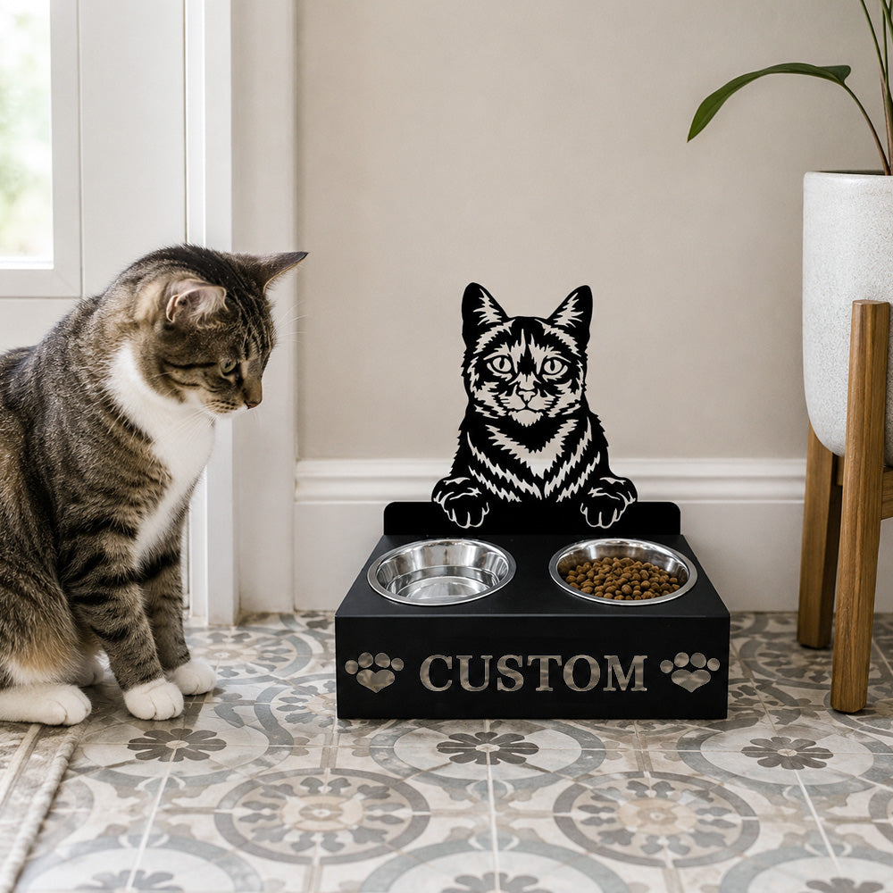 Personalized domestic cat metal cat bowl stand with custom name cutout and two removable feeding bowls