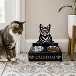 Personalized domestic cat metal cat bowl stand with custom name cutout and two removable feeding bowls
