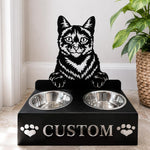 Personalized domestic cat metal cat bowl stand with custom name cutout and two removable feeding bowls