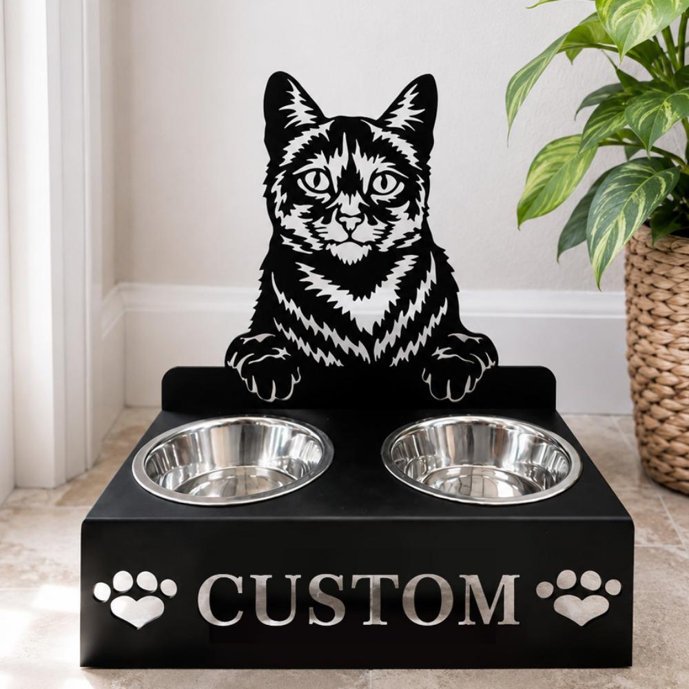 Personalized domestic cat metal cat bowl stand with custom name cutout and two removable feeding bowls