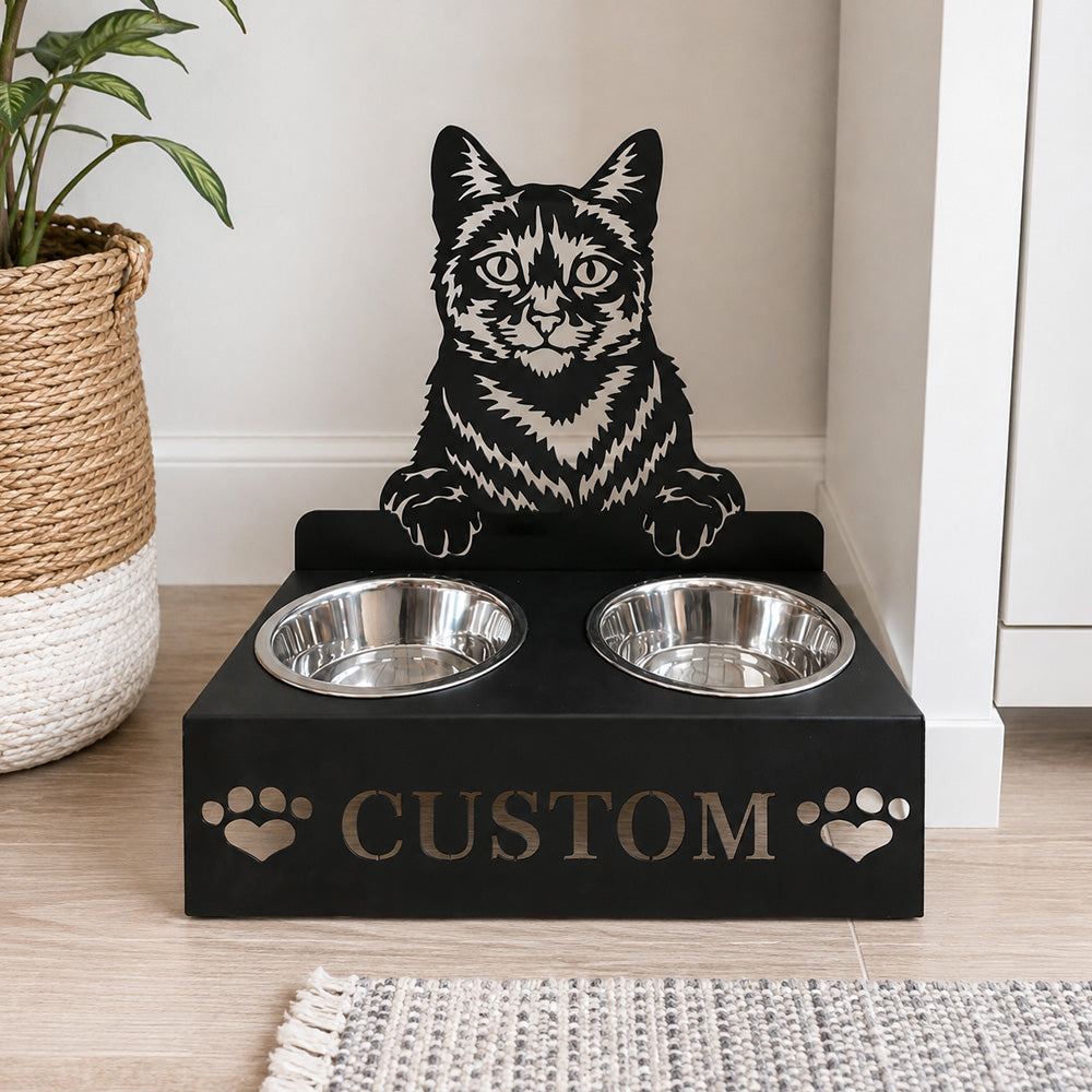 Personalized domestic cat metal cat bowl stand with custom name cutout and two removable feeding bowls