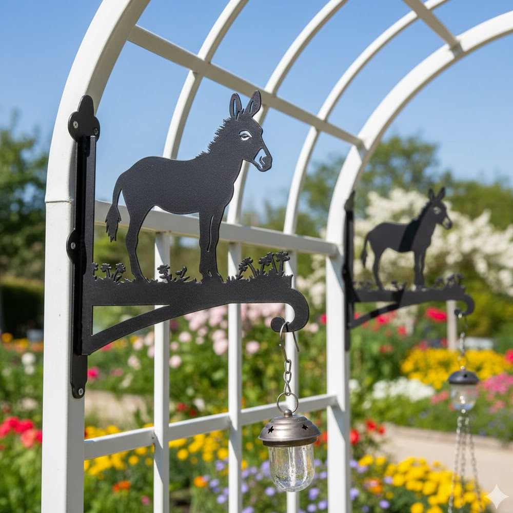Donkey metal hanging basket bracket mounted on outdoor wall for plant decoration