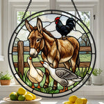Donkey rooster and geese stained glass suncatcher window hanging, suitable for home and garden decoration