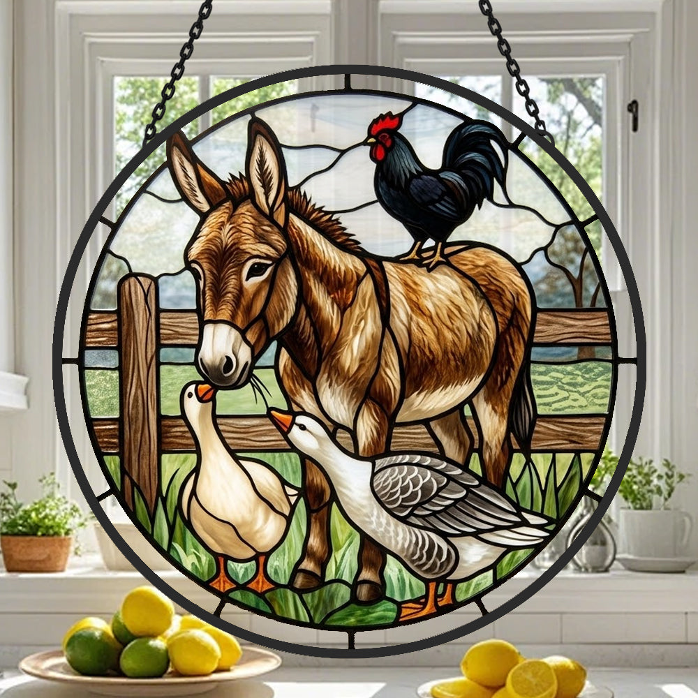 Donkey rooster and geese stained glass suncatcher window hanging, suitable for home and garden decoration
