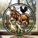Donkey rooster and geese stained glass suncatcher window hanging, suitable for home and garden decoration