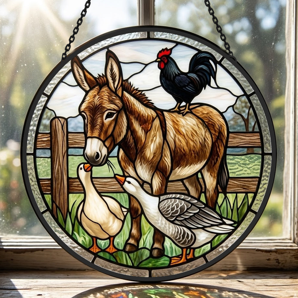 Donkey rooster and geese stained glass suncatcher window hanging, suitable for home and garden decoration