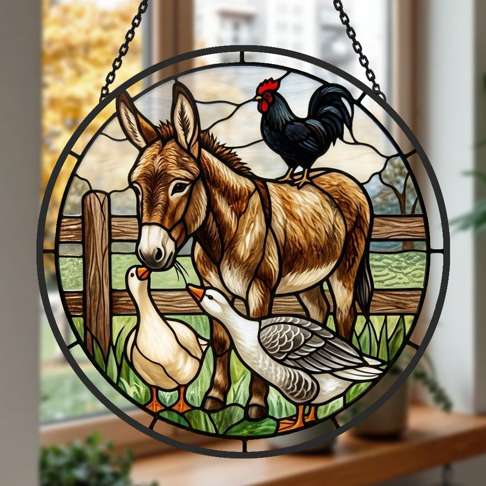 Donkey rooster and geese stained glass suncatcher window hanging, suitable for home and garden decoration