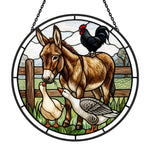 Donkey rooster and geese stained glass suncatcher window hanging, suitable for home and garden decoration