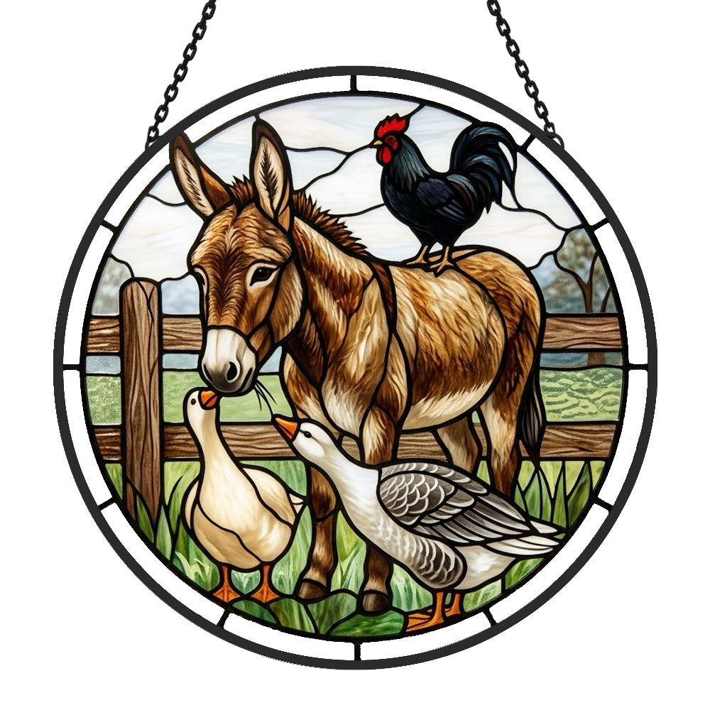 Donkey rooster and geese stained glass suncatcher window hanging, suitable for home and garden decoration