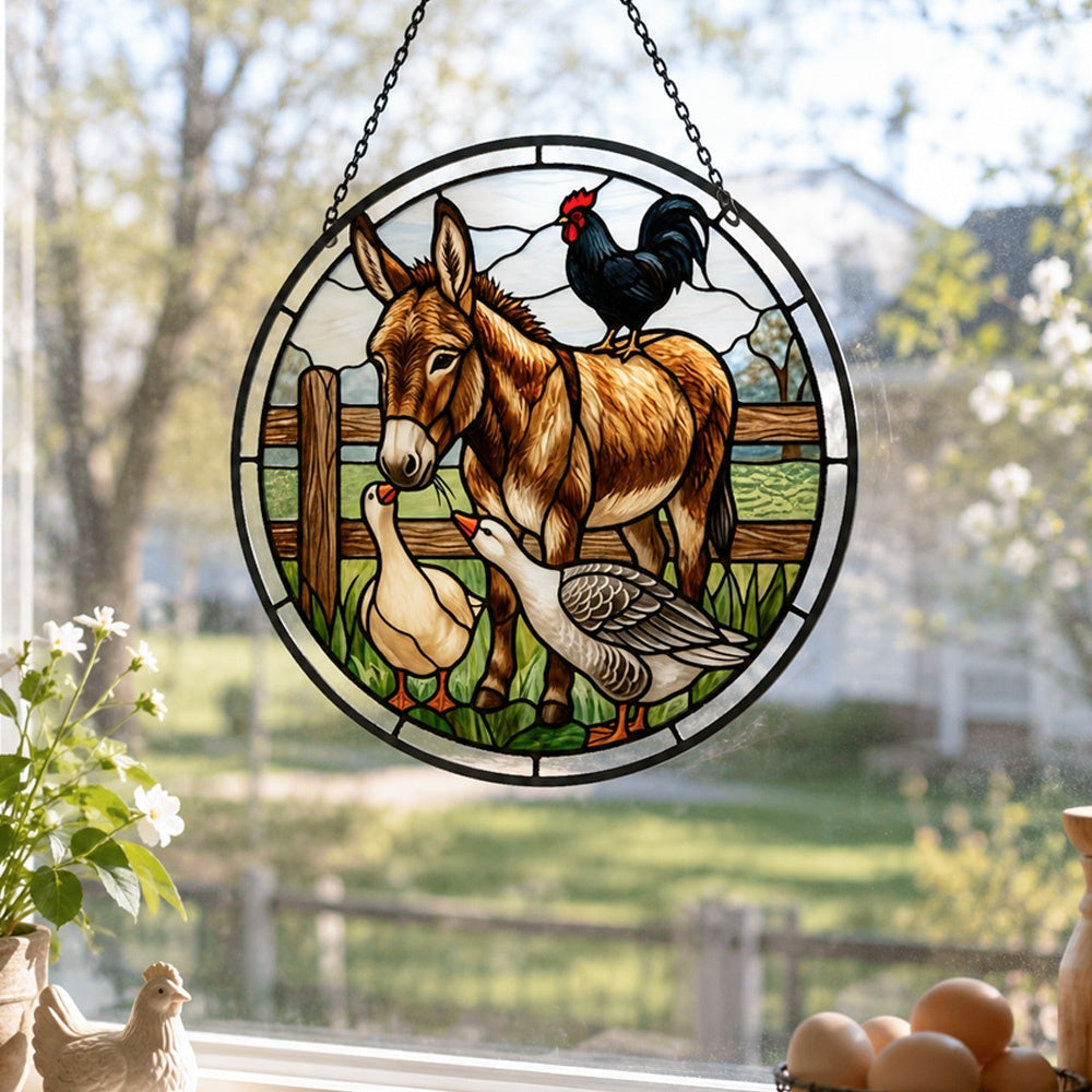 Donkey rooster and geese stained glass suncatcher window hanging, suitable for home and garden decoration