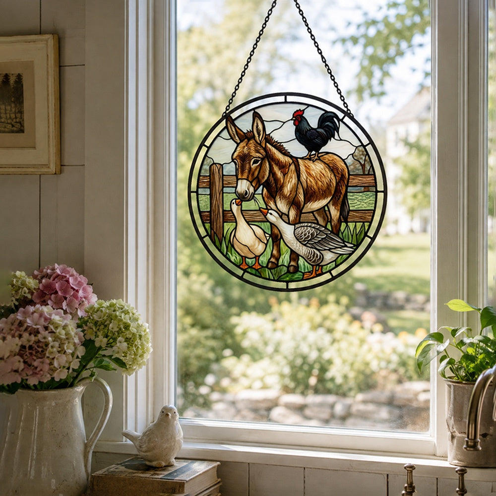 Donkey rooster and geese stained glass suncatcher window hanging, suitable for home and garden decoration