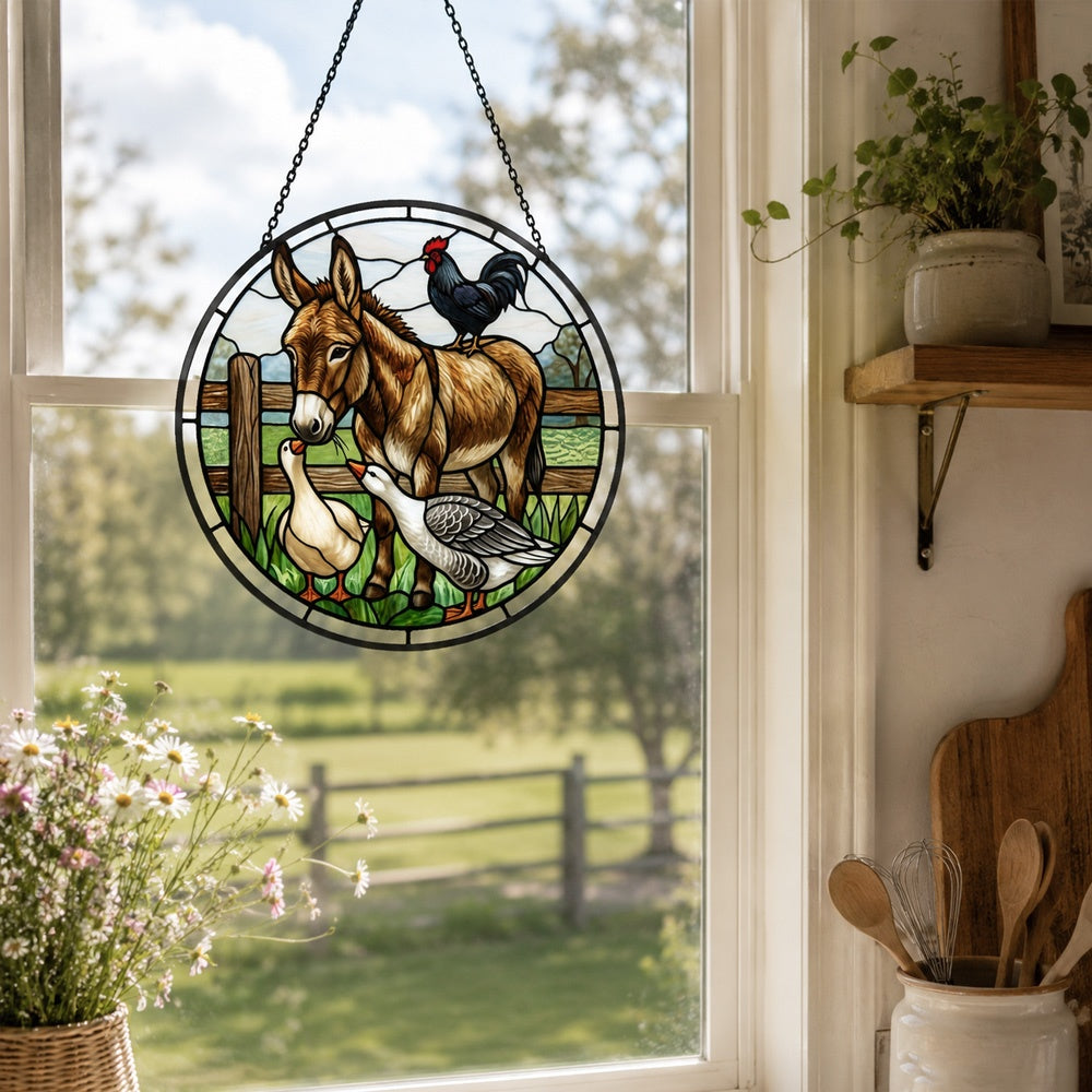 Donkey rooster and geese stained glass suncatcher window hanging, suitable for home and garden decoration
