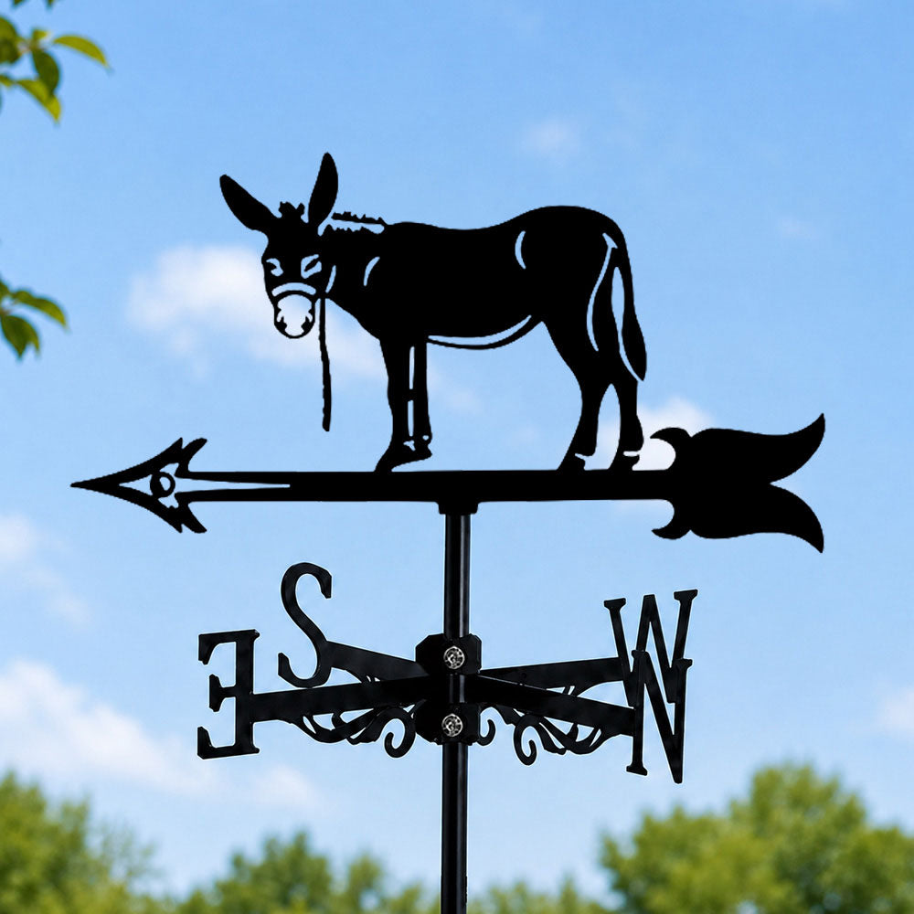 Donkey metal weather vane with directional arrows and mounting rod, outdoor roof and garden decoration