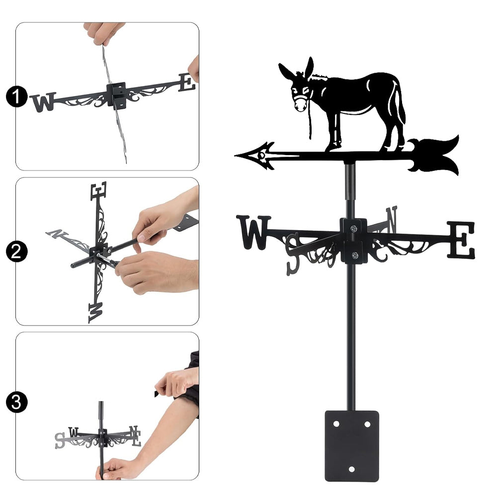 Donkey metal weather vane with directional arrows and mounting rod, outdoor roof and garden decoration