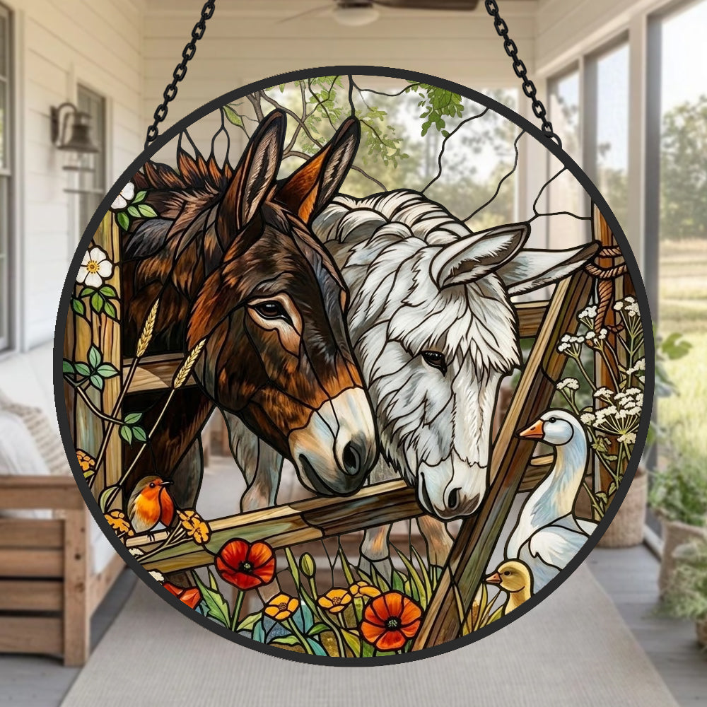Donkeys and goose garden stained glass suncatcher window hanging, suitable for home and garden decoration
