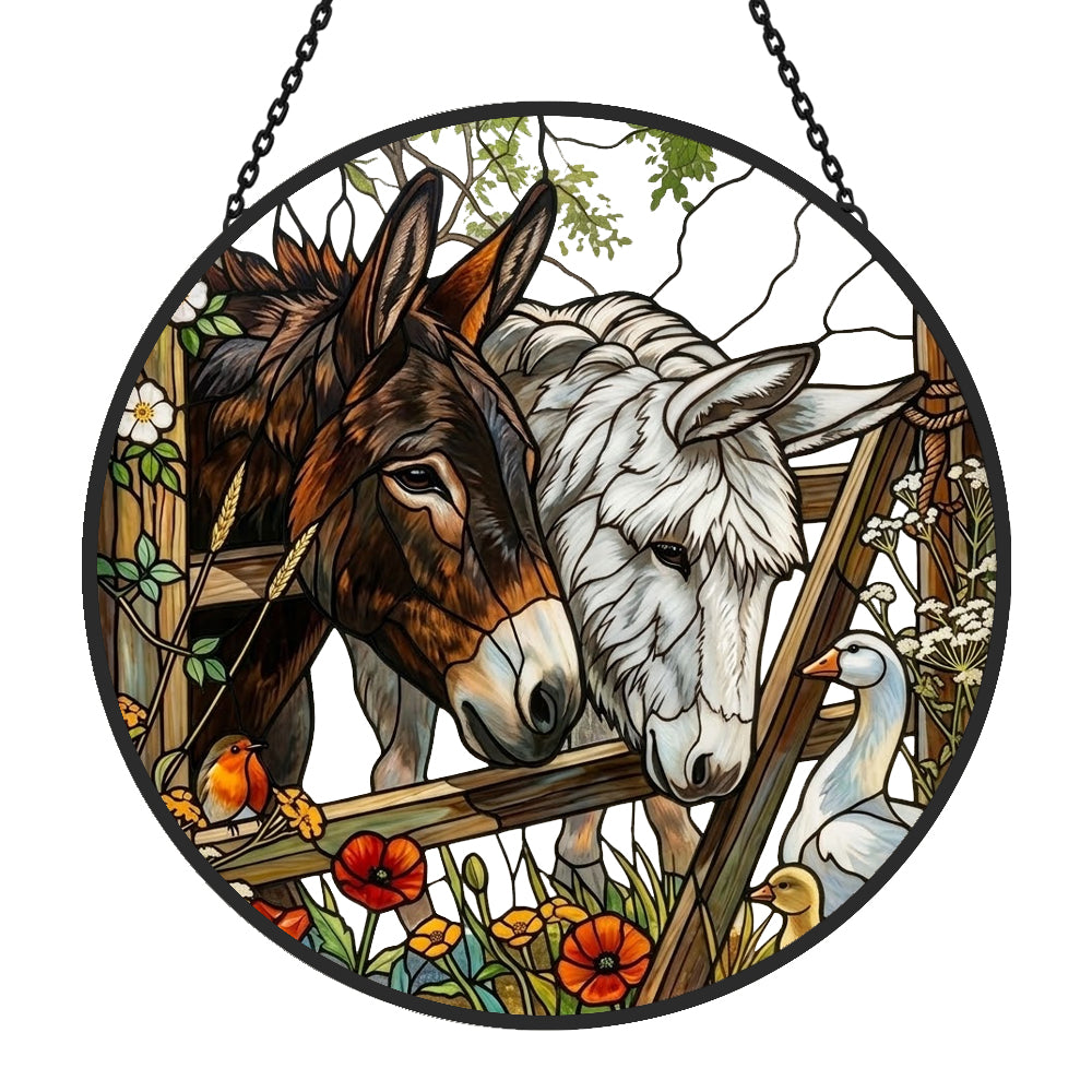Donkeys and goose garden stained glass suncatcher window hanging, suitable for home and garden decoration