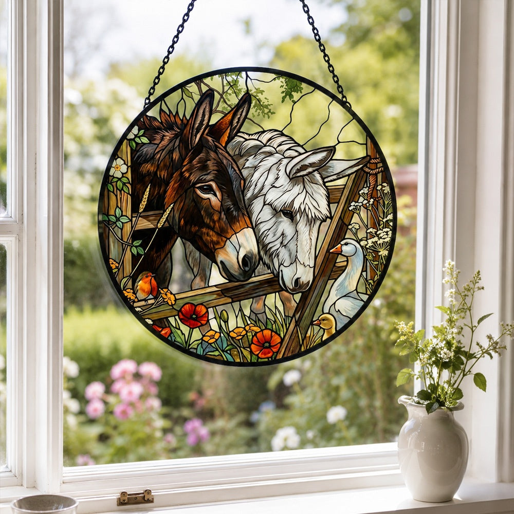 Donkeys and goose garden stained glass suncatcher window hanging, suitable for home and garden decoration