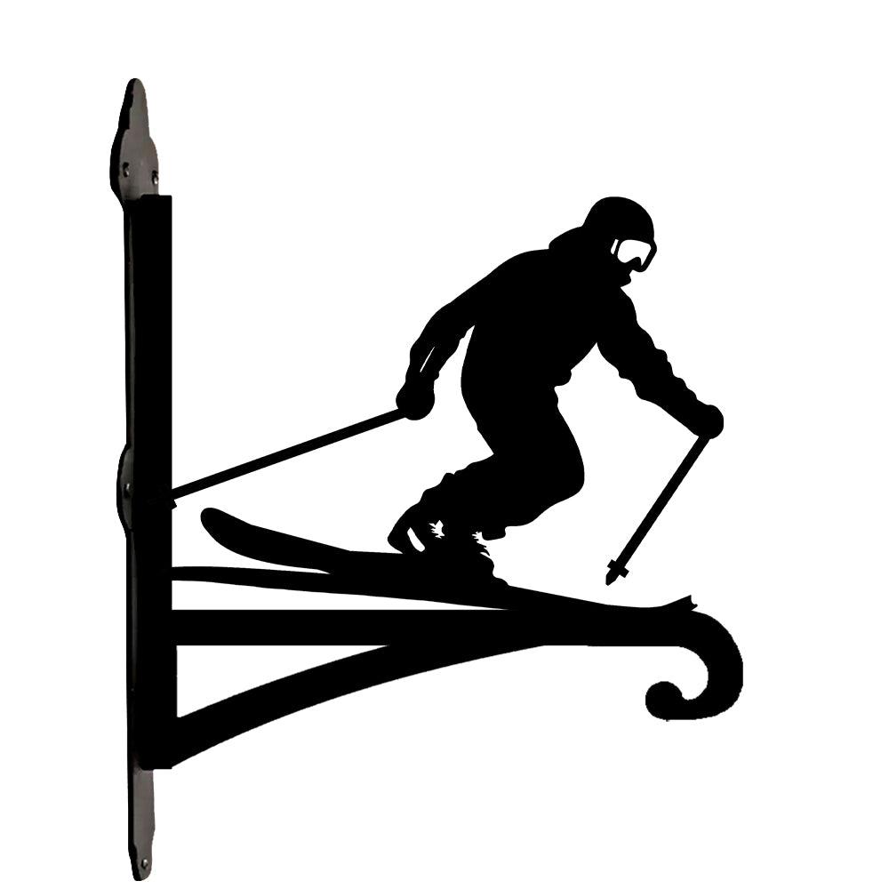Downhill skier metal hanging basket bracket mounted on outdoor wall for plant decoration