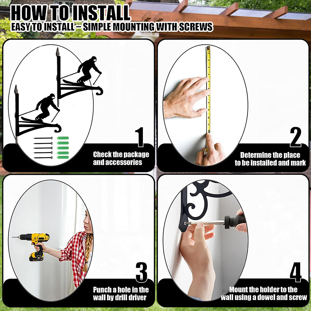 Downhill skier metal hanging basket bracket mounted on outdoor wall for plant decoration