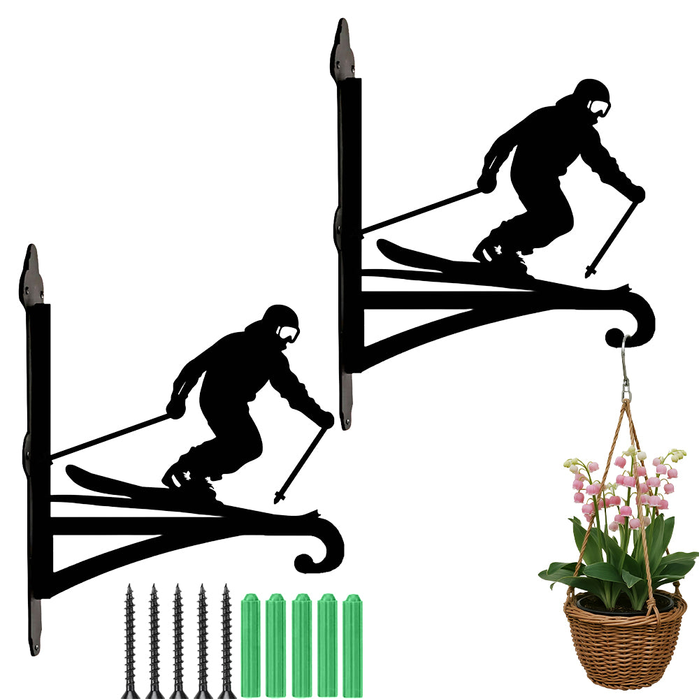 Downhill skier metal hanging basket bracket mounted on outdoor wall for plant decoration