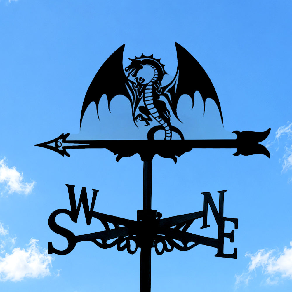 Dragon metal weather vane with directional arrows and mounting rod, outdoor roof and garden decoration