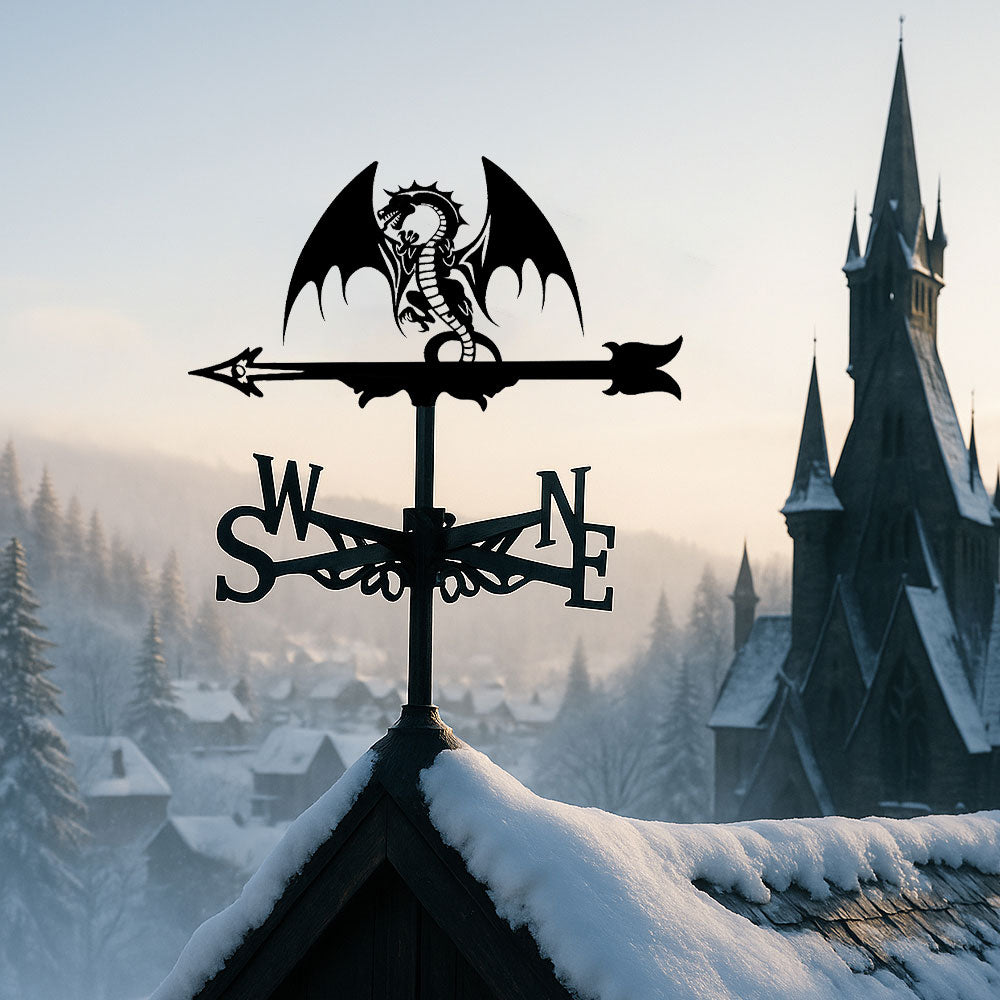 Dragon metal weather vane with directional arrows and mounting rod, outdoor roof and garden decoration