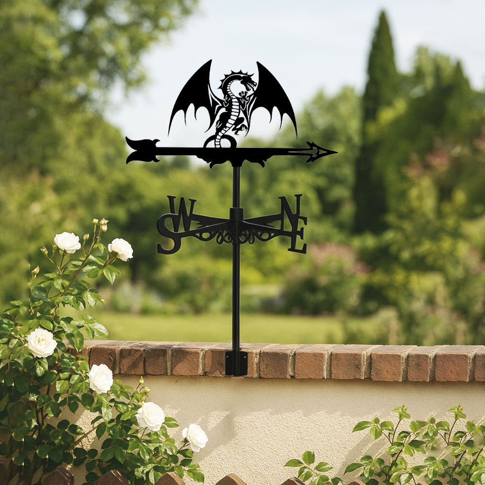 Dragon metal weather vane with directional arrows and mounting rod, outdoor roof and garden decoration