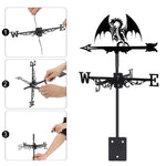 Dragon metal weather vane with directional arrows and mounting rod, outdoor roof and garden decoration