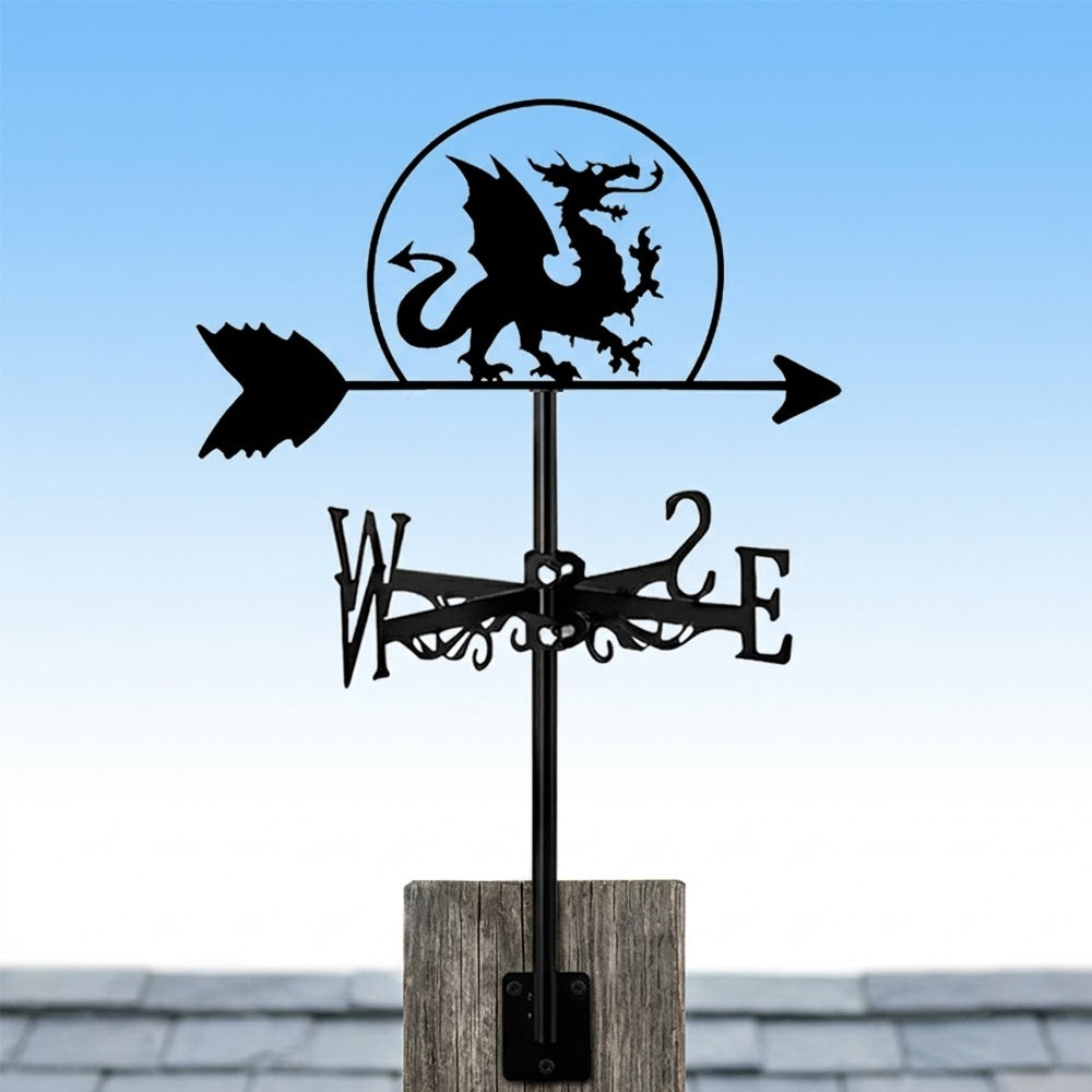 Dragon metal weather vane with directional arrows and mounting rod, outdoor roof and garden decoration