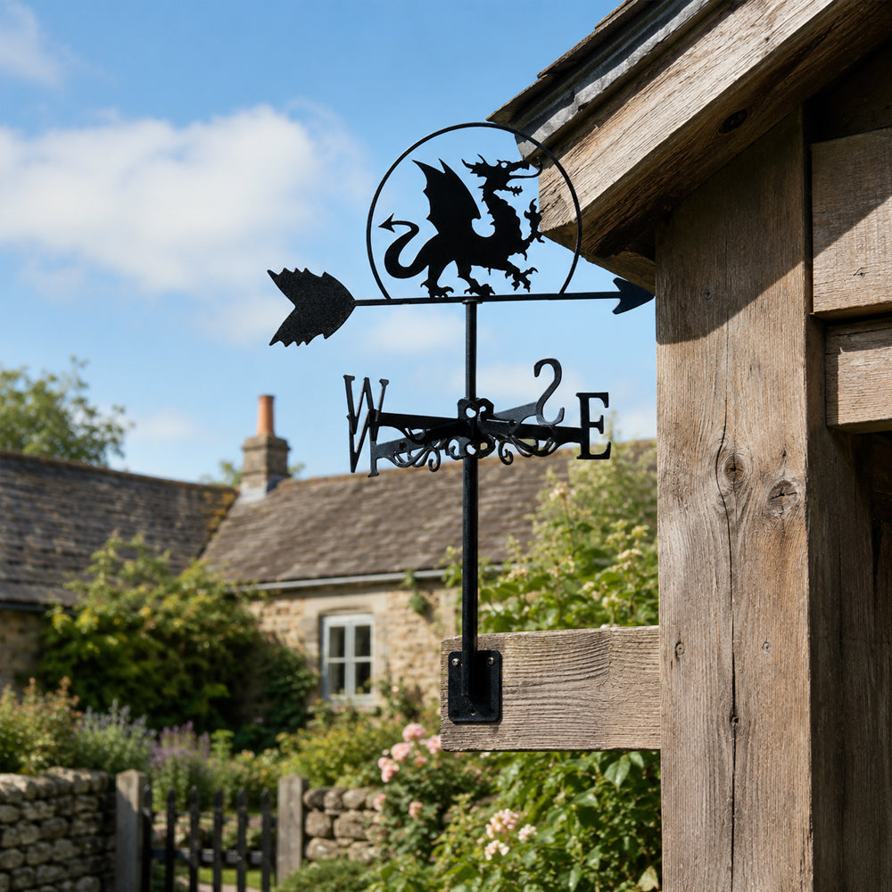 Dragon metal weather vane with directional arrows and mounting rod, outdoor roof and garden decoration