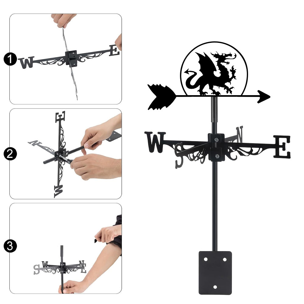 Dragon metal weather vane with directional arrows and mounting rod, outdoor roof and garden decoration
