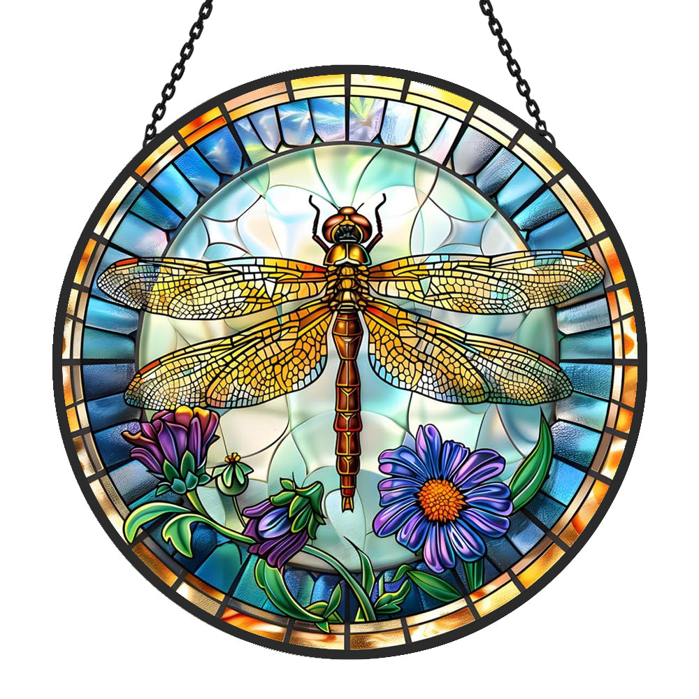 Dragonfly floral stained glass suncatcher window hanging, suitable for home and garden decoration.