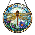 Dragonfly floral stained glass suncatcher window hanging, suitable for home and garden decoration.