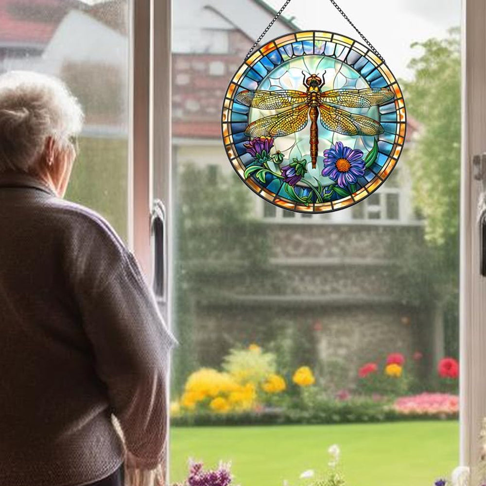 Dragonfly floral stained glass suncatcher window hanging, suitable for home and garden decoration.