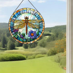 Dragonfly floral stained glass suncatcher window hanging, suitable for home and garden decoration.