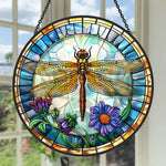 Dragonfly floral stained glass suncatcher window hanging, suitable for home and garden decoration.