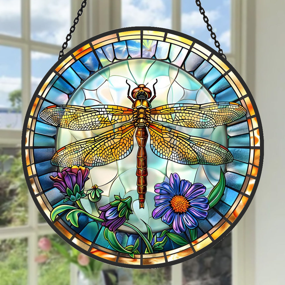 Dragonfly floral stained glass suncatcher window hanging, suitable for home and garden decoration.